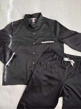Victoria's Secret Polka Dot Black Satin Button-Up 2 Piece Pajama Set